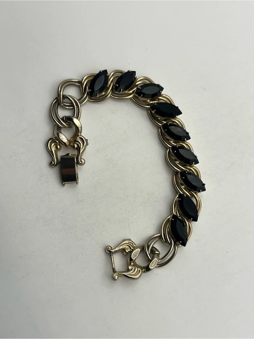 Dark navette rhinestone gold tone chunky link vintage bracelet
